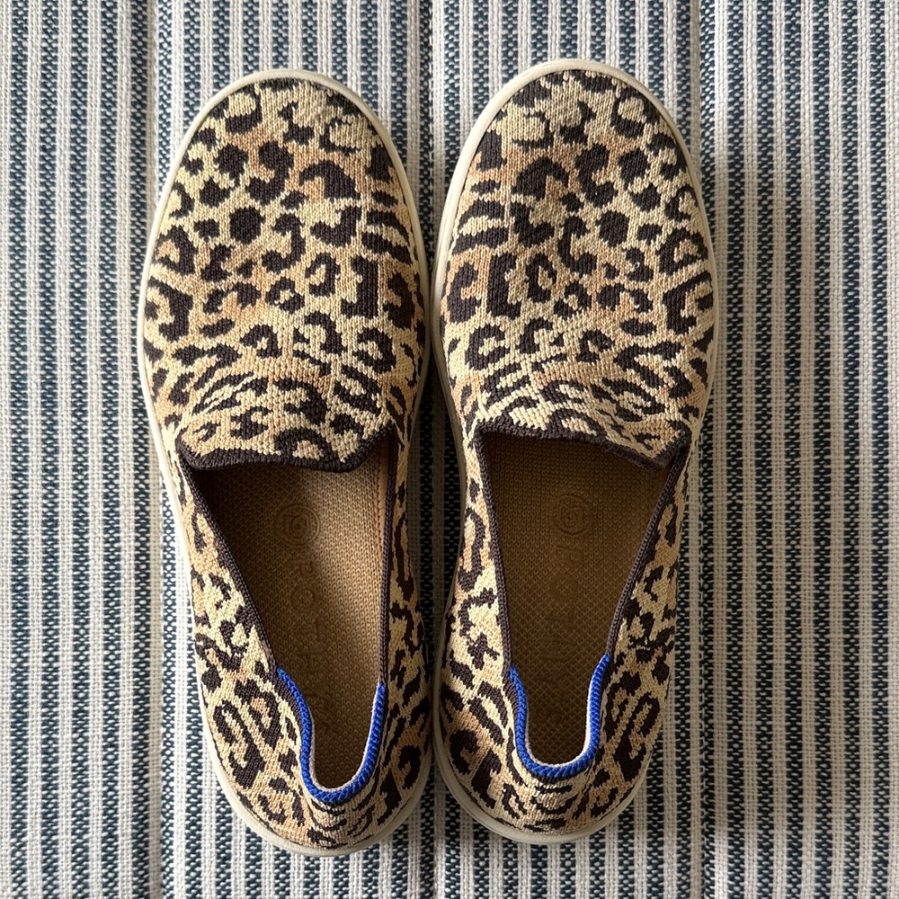 Rothy's Leopard Print Slip-On Sneakers in Tan and Black